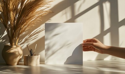 Poster - A hand gently presents a blank sheet of paper beside a minimalistic arrangement of dried plants, bathed in soft, natural light and intricate shadows.