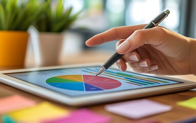 Poster - A hand holds a pen over a tablet displaying a colorful pie chart, surrounded by sticky notes and a potted plant on a wooden table.