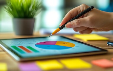 Fototapete - A hand holding a pen analyzes colorful charts on a tablet, surrounded by sticky notes and a small plant, suggesting data review and productivity.