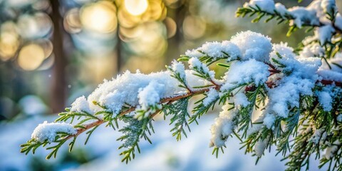 A delicate evergreen branch adorned with a fresh blanket of snow, bathed in the soft glow of a winter sun.