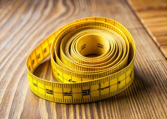 Close-up of a yellow measuring tape coiled on a wooden surface for construction and design projects