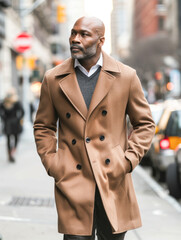 Man walking on a city street wearing a stylish brown coat. Urban fashion and lifestyle concept