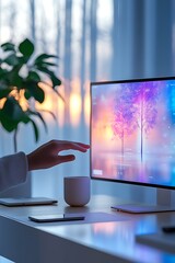 Aufkleber - A hand reaching towards a vibrant, colorful computer screen displaying a tree, with a serene sunset behind, and a plant on the desk, creating a calming workspace.