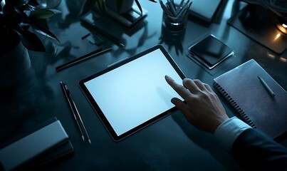 Aufkleber - A person interacting with a blank tablet on a desk surrounded by a notebook, smartphone, and stationery in a modern office setting.