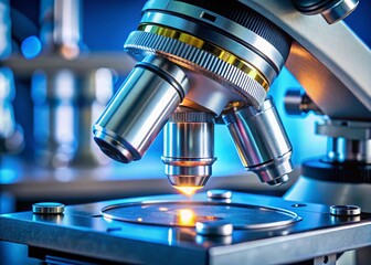 Wall Mural - Close-Up View of Microscope Lens Focusing on Sample Slide in a Laboratory Setting for Science Study