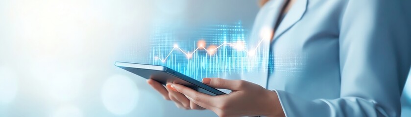 A businesswoman holding a tablet, showing an upward trend graph Copy space on the left, with a clean white background Soft studio lighting, creating a sleek and polished look