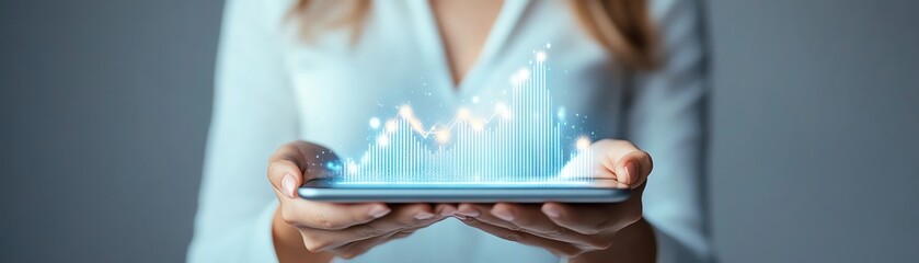 A businesswoman holding a tablet, showing an upward trend graph Copy space on the left, with a clean white background Soft studio lighting, creating a sleek and polished look