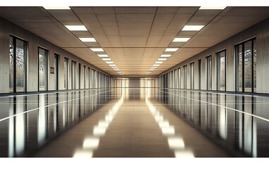 Poster - A spacious, modern corridor with polished floors and ample natural light streaming through large windows, creating a serene atmosphere.