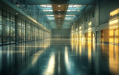Poster - A spacious, modern interior with polished floors, large windows, and ambient lighting, creating an inviting atmosphere.