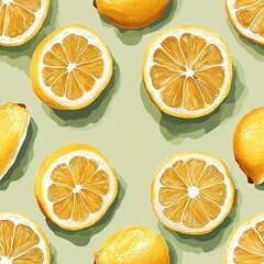 Vector illustration of yuzu slices, pastel lime background, top down view