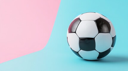 A classic black and white leather soccer ball is isolated on a blue-pink background. The image is rendered in 3D and is high resolution, leaving ample empty space for text or design elements. 