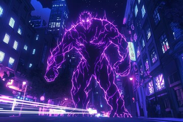 Glowing purple monster towering over city street at night