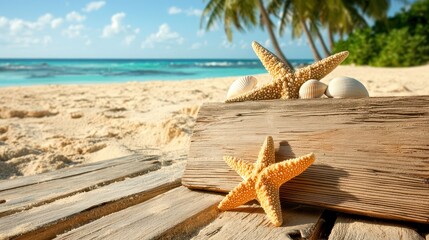 A serene beach scene featuring starfish and seashells on wooden planks with a tropical backdrop.