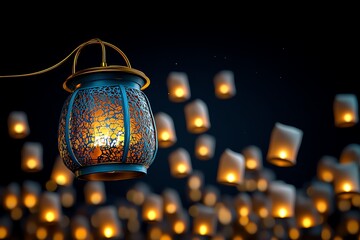 Wall Mural - Hyper-realistic image of hundreds of floating lanterns being released into the night sky, with detailed textures of the lanterns and the soft glow of their light