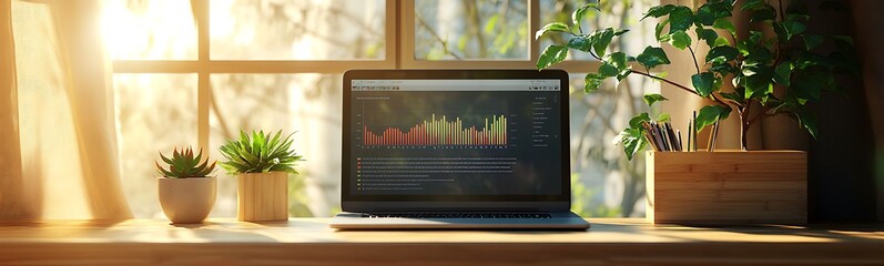 Wall Mural - A serene workspace featuring a laptop displaying data charts, surrounded by greenery and sunlight streaming through the window.