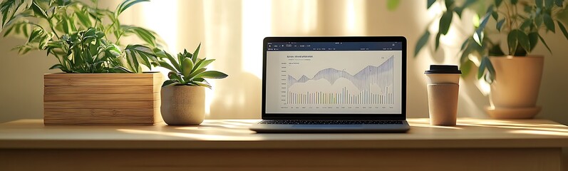 Poster - A cozy workspace featuring a laptop, potted plants, and a coffee cup, illuminated by natural light.