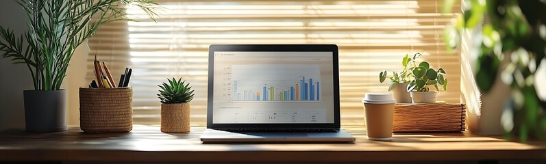 Poster - A bright workspace features a laptop displaying data charts, surrounded by potted plants and a coffee cup, emphasizing productivity and a vibrant office environment.
