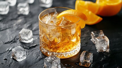 An Amaretto Sour in a lowball glass, isolated on a dark slate background with decorative ice cubes and citrus slices