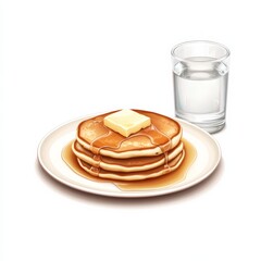 A 3D icon of a plate with pancakes, butter, and syrup, next to a small glass of water, set on a white background