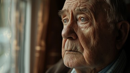 Close-up Portrait of an Elderly Man Looking Out a Window