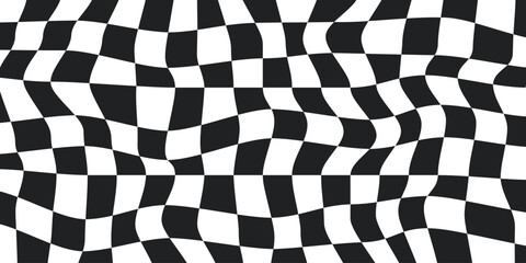 Wall Mural - Twisted checkered colorful background. Abstract vector pattern. Black and white colors. Retro wavy psychedelic checkerboard