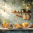 © Bos Amico - A close knit vegan family enjoys a heartwarming plant based meal together in their cozy modern kitchen  The table is adorned with an assortment of fresh wholesome ingredients and vibrant