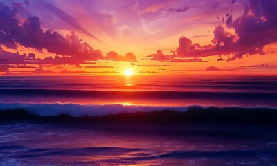 Wall Mural - A beautiful painting of a sunset over the ocean with a wave in the foreground Video