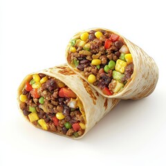 A close-up 3D rendering of a breakfast burrito cut in half, revealing its colorful filling, isolated on a white background