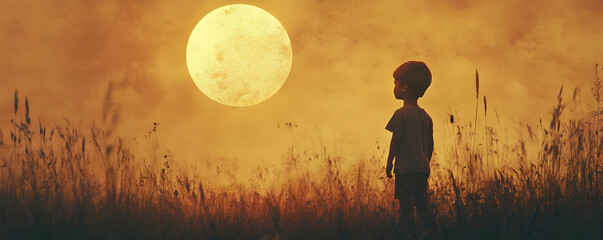 Wall Mural - Silhouetted Child Gazing at a Large, Glowing Moon in a Field of Tall Grass During a Golden Sunset