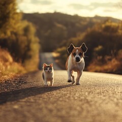 a dog and cat walking on the road