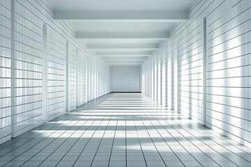 Wall Mural - a long white tile corridor with light streaks shining through, creating a minimalist and geometric i