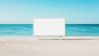 A blank billboard stands on a serene beach, with turquoise waters and a clear blue sky creating a tranquil atmosphere.