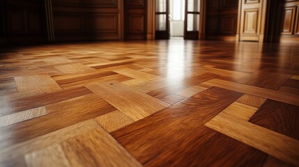 Poster - Elegant wooden parquet floor in a sunlit room with classic architecture and wooden paneling during the day