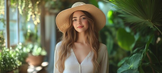 Wall Mural - Woman wearing a straw hat and a white shirt poses in front of a green plant. Concept of relaxation and leisure, as the woman is dressed in a casual and comfortable outfit