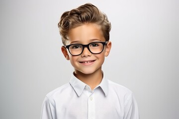 Portrait of a cute little boy in glasses over grey background.