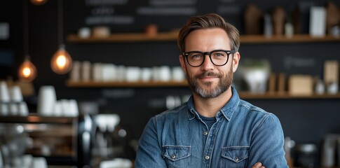 Poster - Man with glasses is smiling and posing for a picture in front of a coffee shop. Concept of warmth and friendliness, as the man is enjoying his time in the coffee shop. The presence of cups