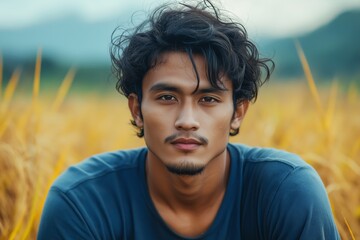 Wall Mural - Man with a beard and a blue shirt is sitting in a field of yellow grass. The image has a calm and peaceful mood, as the man is not in a busy or chaotic environment