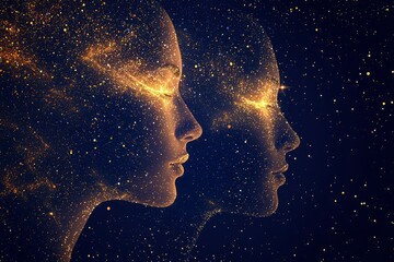 Two Faces Composed of Golden Sparkles Against a Dark Blue Starry Background