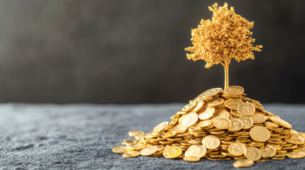 Poster - A pile of gold coins is on top of a tree