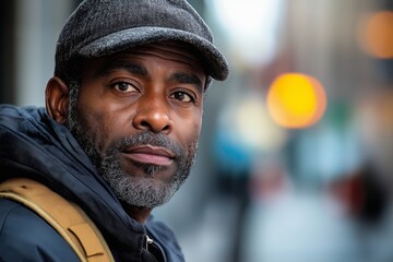 Poster - Man with a gray beard and a black hat is standing in the street. He is wearing a black jacket and a brown backpack