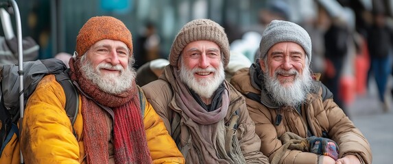 Three men with beards and hats are smiling for the camera. They are sitting on a bench and appear to be homeless