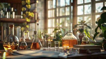 Wall Mural - vintage laboratory setting with glassware and plants