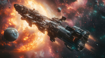 Wall Mural - Futuristic spaceship docking at space station orbiting a vibrant gas giant, surrounded by mesmerizing cosmic phenomena in a cyberpunk universe. Starship Dock. Illustration