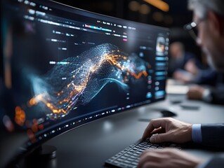 Data analyst working with advanced analytics on large curved screen