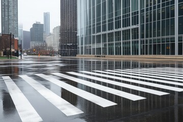 an empty street in downtown Chicago, with white an empty street in downtown Chicago, with white crosswalk lines drawn on the asphalt Generative AI