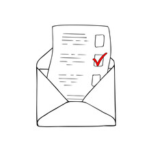 letter with red checkmark in open envelope vector icon line art black ink sketch. Monochrome sign, post outline symbol for election day illustration painted by black inks. For web sites, apps, stores