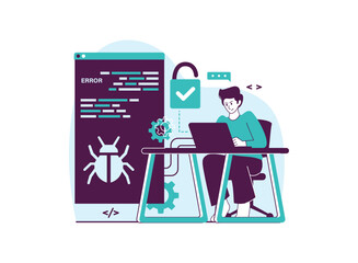 programmer debugging a code error, represented by a bug and an open lock.