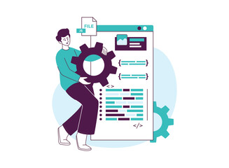 programmer working on a javascript file, represented by a gear and code.