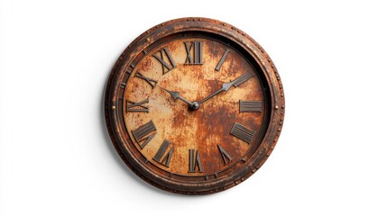 Vintage rusted wall clock with Roman numerals on a white background realistic style showcasing aged metal texture and antique design perfect for retro-themed decor and timepieces.. Generative AI