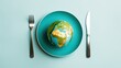 © Iona - A globe set stylishly on a plate with fork and knife symbolizes global cuisine, fusion, and cultural exploration in dining themes.